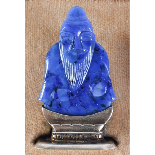 120D - A LOVELY SET OF 19TH CENTURY CHINESE JADE, AGATE AND HARDSTONE SILVER MENU HOLDERS. 4 cm high.