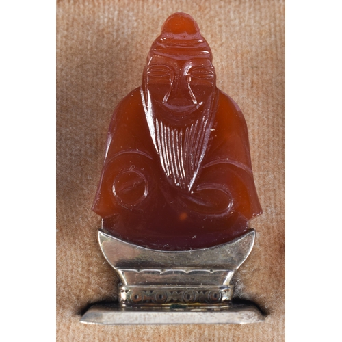 120D - A LOVELY SET OF 19TH CENTURY CHINESE JADE, AGATE AND HARDSTONE SILVER MENU HOLDERS. 4 cm high.