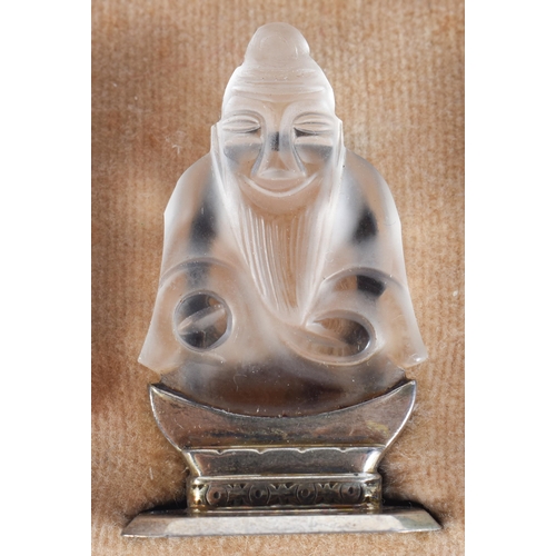 120D - A LOVELY SET OF 19TH CENTURY CHINESE JADE, AGATE AND HARDSTONE SILVER MENU HOLDERS. 4 cm high.