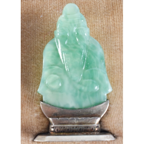 120D - A LOVELY SET OF 19TH CENTURY CHINESE JADE, AGATE AND HARDSTONE SILVER MENU HOLDERS. 4 cm high.