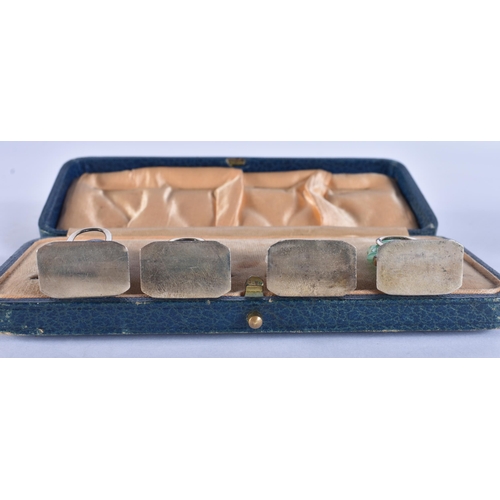 120D - A LOVELY SET OF 19TH CENTURY CHINESE JADE, AGATE AND HARDSTONE SILVER MENU HOLDERS. 4 cm high.