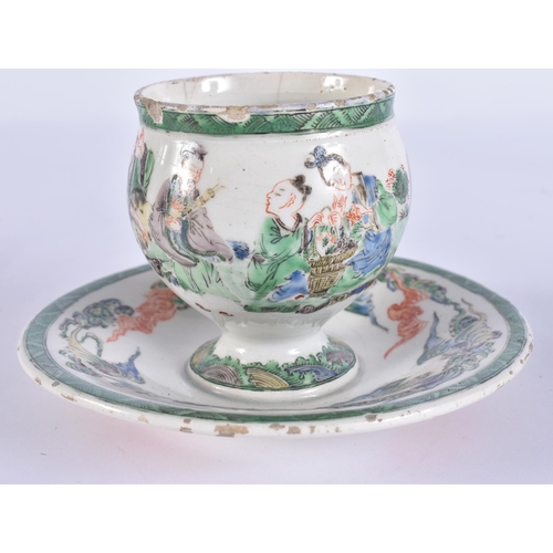 120E - AN EXTREMELY RARE 18TH/19TH CENTURY EUROPEAN FAIENCE FITTED CUP ON STAND After the Kangxi famille ve... 
