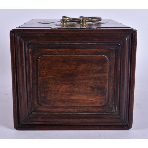 124 - AN 18TH/19TH CENTURY CHINESE CARVED HUANGHUALI WOOD TRAVELLING VANITY CASE with mirror and removable... 