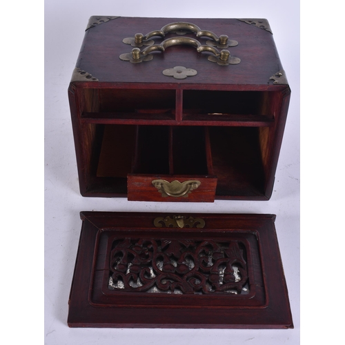 125 - A CHINESE QING DYNASTY CARVED WOOD TRAVELLING BOX possibly Huanghuali, with single drawer. 21 cm x 1... 