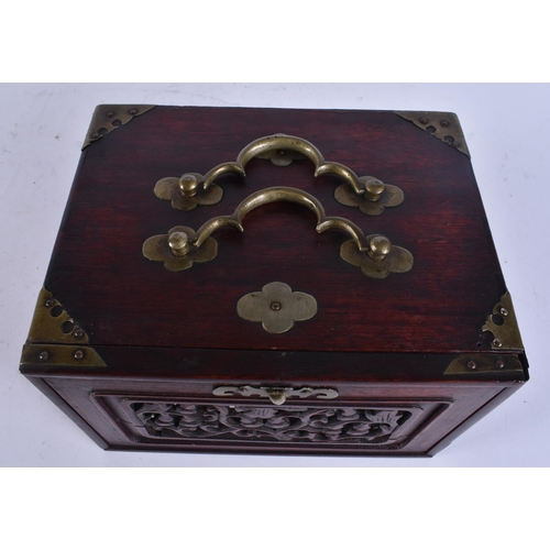 125 - A CHINESE QING DYNASTY CARVED WOOD TRAVELLING BOX possibly Huanghuali, with single drawer. 21 cm x 1... 