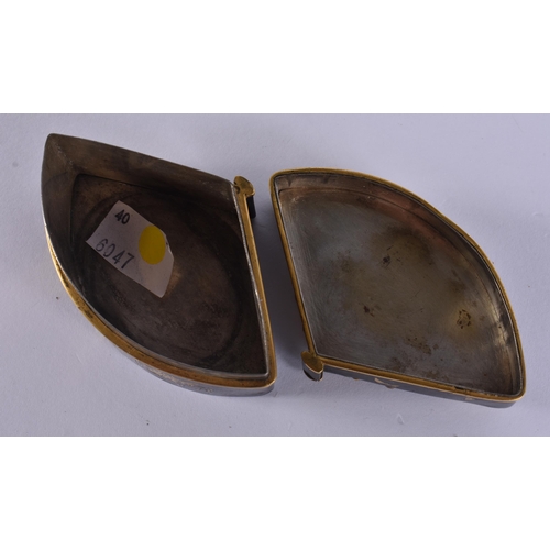 155 - A 19TH CENTURY JAPANESE MEIJI PERIOD BRONZE GOLD ONLAID FAN SHAPED BOX decorated with birds amongst ... 