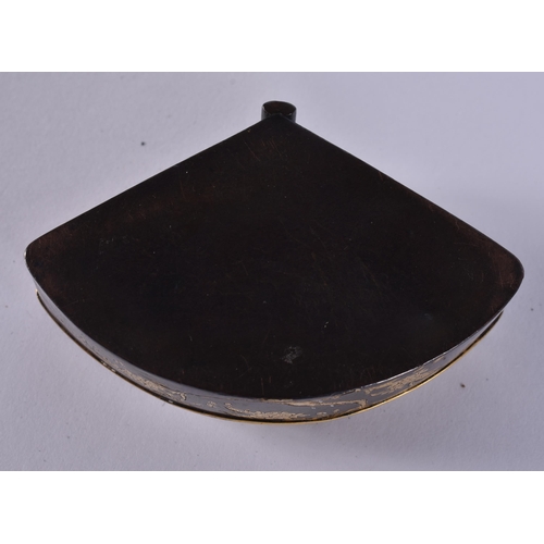 155 - A 19TH CENTURY JAPANESE MEIJI PERIOD BRONZE GOLD ONLAID FAN SHAPED BOX decorated with birds amongst ... 