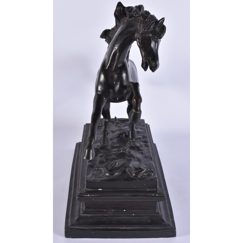 160F - A LARGE 19TH CENTURY EUROPEAN GRAND TOUR BRONZE FIGURE OF A HORSE modelled rearing upon a rectangula... 