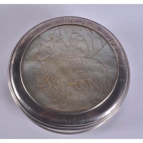 172 - AN 18TH CENTURY CONTINENTAL SILVER AND MOTHER OF PEARL SNUFF BOX AND COVER decorated with figures on... 