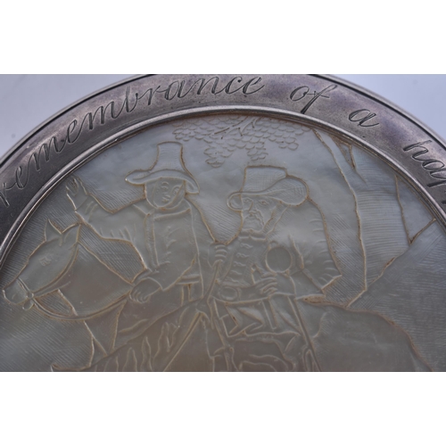 172 - AN 18TH CENTURY CONTINENTAL SILVER AND MOTHER OF PEARL SNUFF BOX AND COVER decorated with figures on... 