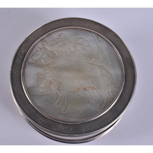 172 - AN 18TH CENTURY CONTINENTAL SILVER AND MOTHER OF PEARL SNUFF BOX AND COVER decorated with figures on... 