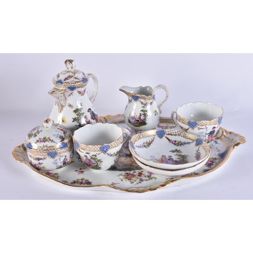 180D - AN ANTIQUE GERMAN MEISSEN PORCELAIN TETE A TETE TEASET ON TRAY painted with figures within landscape... 