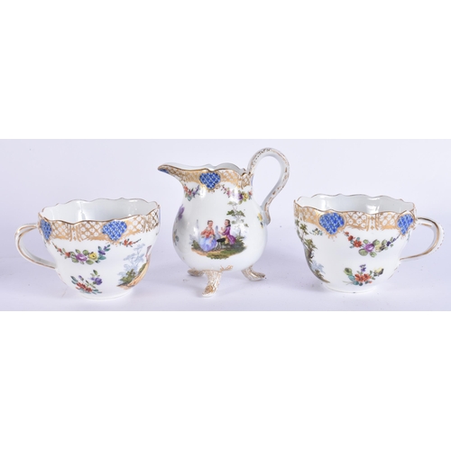 180D - AN ANTIQUE GERMAN MEISSEN PORCELAIN TETE A TETE TEASET ON TRAY painted with figures within landscape... 