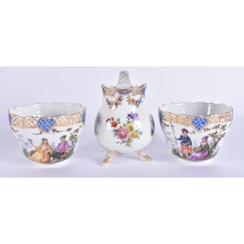 180D - AN ANTIQUE GERMAN MEISSEN PORCELAIN TETE A TETE TEASET ON TRAY painted with figures within landscape... 