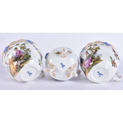 180D - AN ANTIQUE GERMAN MEISSEN PORCELAIN TETE A TETE TEASET ON TRAY painted with figures within landscape... 