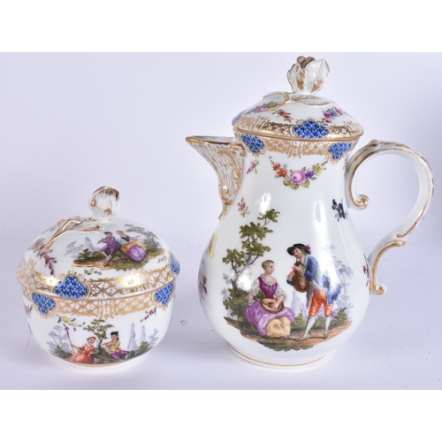 180D - AN ANTIQUE GERMAN MEISSEN PORCELAIN TETE A TETE TEASET ON TRAY painted with figures within landscape... 