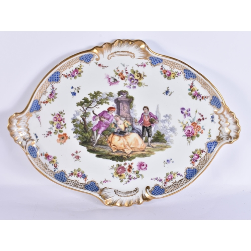 180D - AN ANTIQUE GERMAN MEISSEN PORCELAIN TETE A TETE TEASET ON TRAY painted with figures within landscape... 
