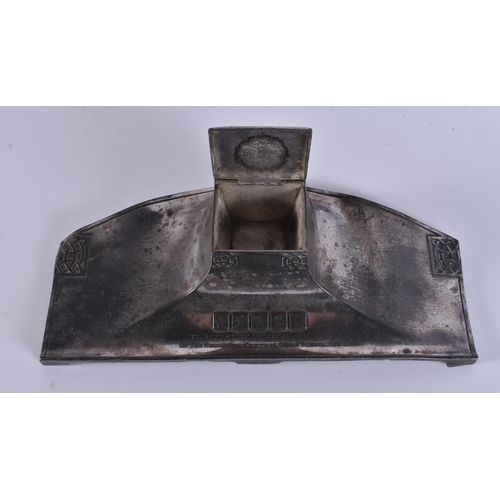 18 - AN EDWARDIAN WMF PRESENTATION PEWTER INKWELL. 32 cm wide.