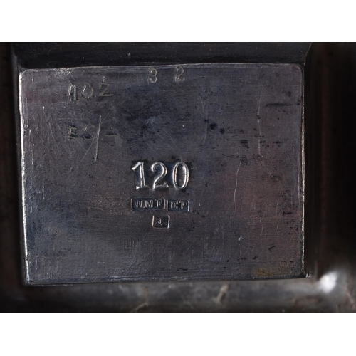 18 - AN EDWARDIAN WMF PRESENTATION PEWTER INKWELL. 32 cm wide.