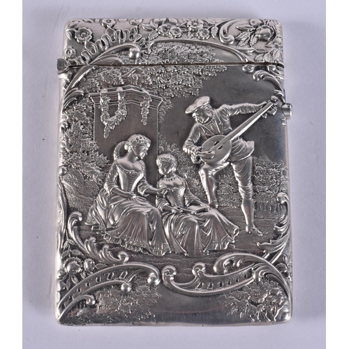 197 - AN ANTIQUE SILVER REPOUSSE MUSICIAN CARD CASE. 73 grams. 10.5 cm x 7.5 cm.