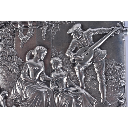 197 - AN ANTIQUE SILVER REPOUSSE MUSICIAN CARD CASE. 73 grams. 10.5 cm x 7.5 cm.