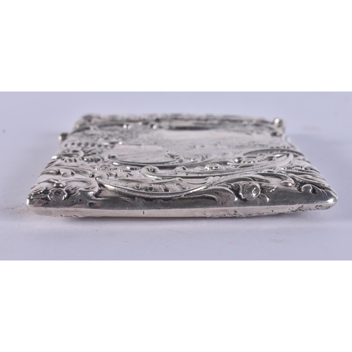 197 - AN ANTIQUE SILVER REPOUSSE MUSICIAN CARD CASE. 73 grams. 10.5 cm x 7.5 cm.