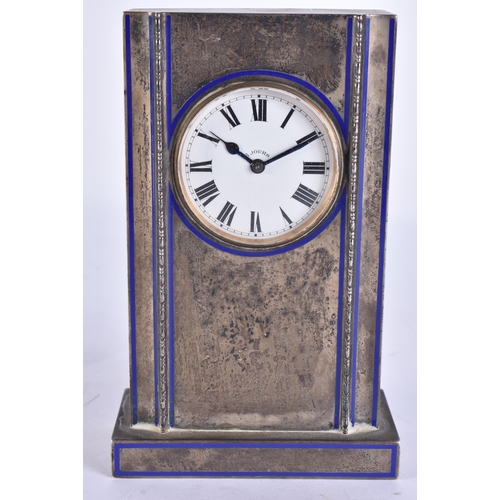 200C - AN ART DECO FRENCH SILVER AND ENAMEL CLOCK. 397 grams overall. 14 cm x 8 cm.