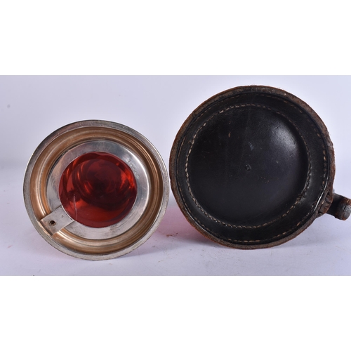 200E - AN ANTIQUE SILVER MOUNTED LEATHER TANKARD together with a smaller silver plated ruby glass tankard. ... 