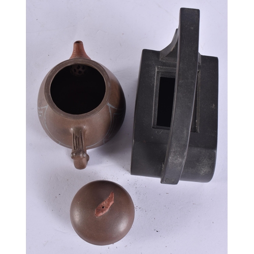 200F - TWO CHINESE YIXING POTTERY TEAPOTS AND COVERS together with a Peking glass bangle. (3)