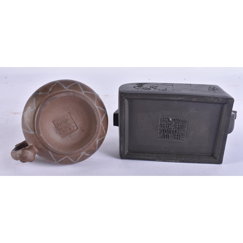 200F - TWO CHINESE YIXING POTTERY TEAPOTS AND COVERS together with a Peking glass bangle. (3)