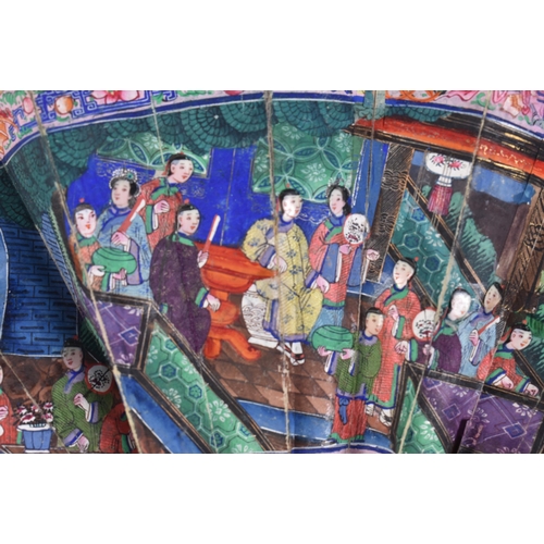 20B - AN UNUSUALLY SMALL EARLY 19TH CENTURY CHINESE EXPORT WATERCOLOUR AND BLACK LACQUER FAN Qing. 32 CM W... 
