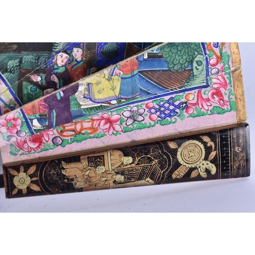 20B - AN UNUSUALLY SMALL EARLY 19TH CENTURY CHINESE EXPORT WATERCOLOUR AND BLACK LACQUER FAN Qing. 32 CM W... 