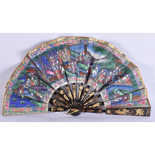 20B - AN UNUSUALLY SMALL EARLY 19TH CENTURY CHINESE EXPORT WATERCOLOUR AND BLACK LACQUER FAN Qing. 32 CM W... 