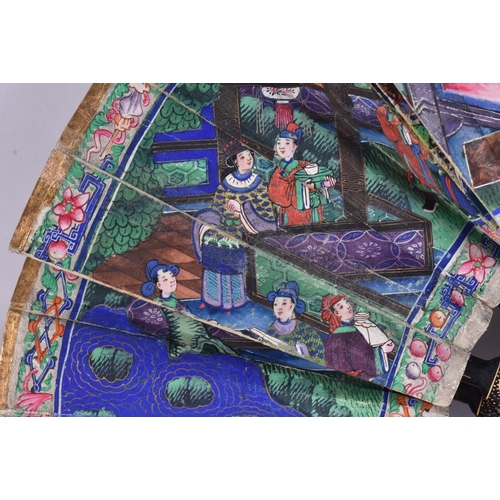 20B - AN UNUSUALLY SMALL EARLY 19TH CENTURY CHINESE EXPORT WATERCOLOUR AND BLACK LACQUER FAN Qing. 32 CM W... 