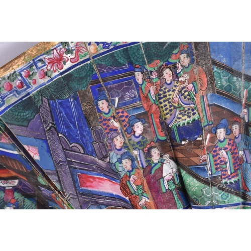 20B - AN UNUSUALLY SMALL EARLY 19TH CENTURY CHINESE EXPORT WATERCOLOUR AND BLACK LACQUER FAN Qing. 32 CM W... 