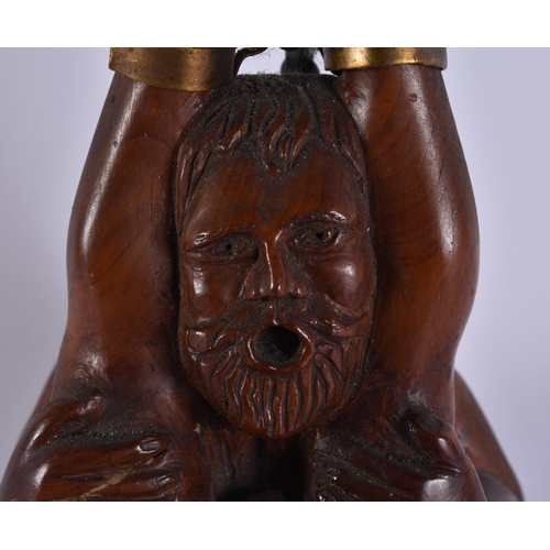 21 - A RARE EARLY 20TH CENTURY EROTIC CARVED WOOD TREEN HANGING OIL BURNER. 15 cm x 8 cm.