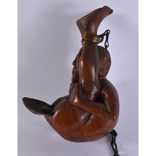 21 - A RARE EARLY 20TH CENTURY EROTIC CARVED WOOD TREEN HANGING OIL BURNER. 15 cm x 8 cm.