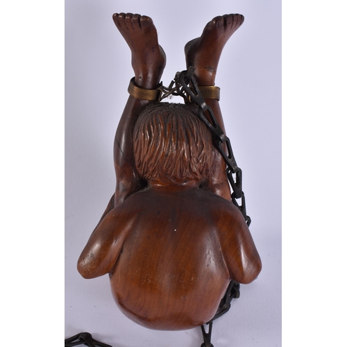 21 - A RARE EARLY 20TH CENTURY EROTIC CARVED WOOD TREEN HANGING OIL BURNER. 15 cm x 8 cm.