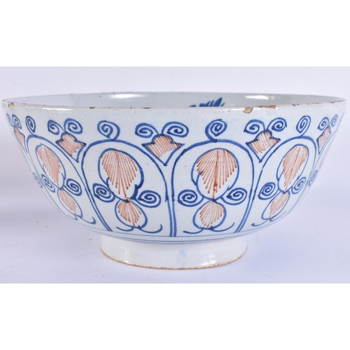 220B - A LARGE 18TH CENTURY DELFT BLUE AND WHITE LIGHT MANGANESE POTTERY BOWL painted with motifs. 25.5 cm ... 