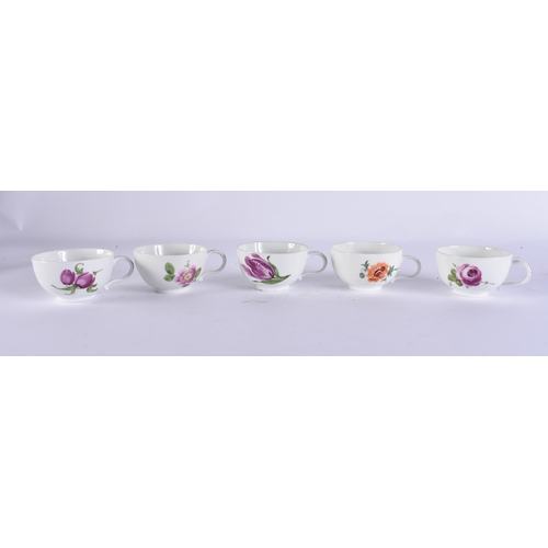 220C - A GROUP OF 19TH CENTURY MEISSEN CUPS AND SAUCER painted with botanical sprays. 13 cm wide. (16)