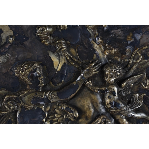 24 - A LARGE 18TH/19TH CENTURY GRAND TOUR PARTIAL GILDED REPOUSSE PLAQUE upon a later oak shield. 54 cm x... 