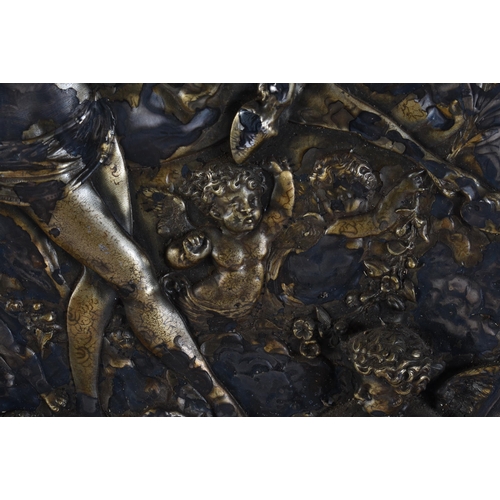 24 - A LARGE 18TH/19TH CENTURY GRAND TOUR PARTIAL GILDED REPOUSSE PLAQUE upon a later oak shield. 54 cm x... 