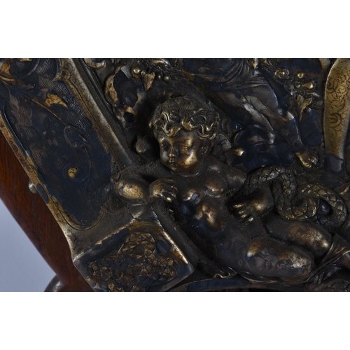 24 - A LARGE 18TH/19TH CENTURY GRAND TOUR PARTIAL GILDED REPOUSSE PLAQUE upon a later oak shield. 54 cm x... 