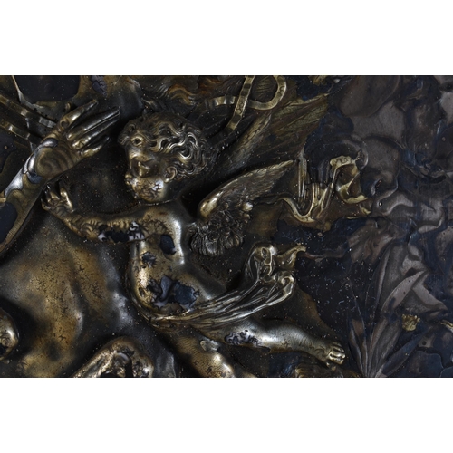 24 - A LARGE 18TH/19TH CENTURY GRAND TOUR PARTIAL GILDED REPOUSSE PLAQUE upon a later oak shield. 54 cm x... 