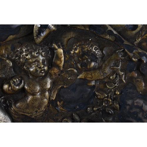 24 - A LARGE 18TH/19TH CENTURY GRAND TOUR PARTIAL GILDED REPOUSSE PLAQUE upon a later oak shield. 54 cm x... 