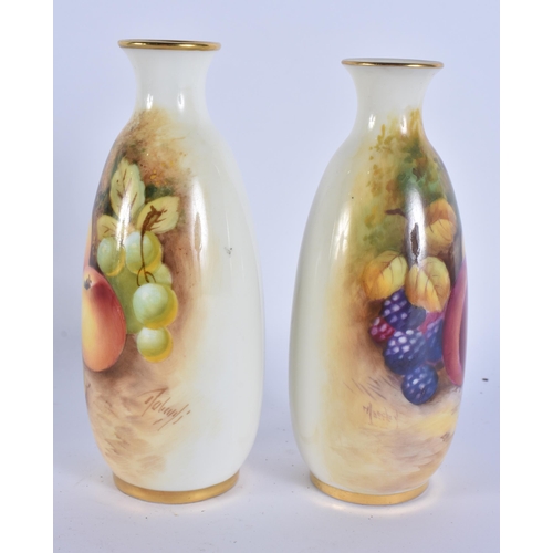 244 - A PAIR OF ROYAL WORCESTER FRUIT PAINTED PORCELAIN VASES. 15 cm high.