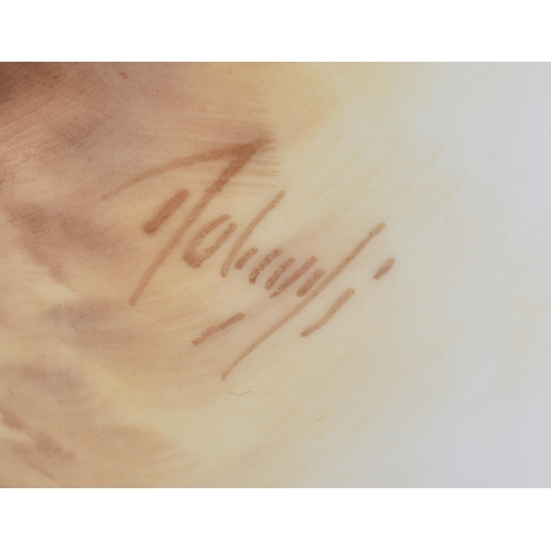 244 - A PAIR OF ROYAL WORCESTER FRUIT PAINTED PORCELAIN VASES. 15 cm high.