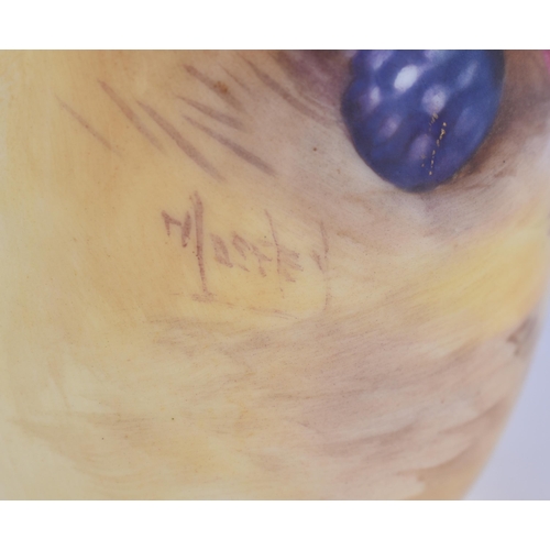 244 - A PAIR OF ROYAL WORCESTER FRUIT PAINTED PORCELAIN VASES. 15 cm high.