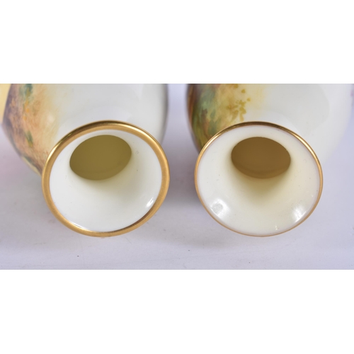 244 - A PAIR OF ROYAL WORCESTER FRUIT PAINTED PORCELAIN VASES. 15 cm high.