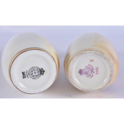 244 - A PAIR OF ROYAL WORCESTER FRUIT PAINTED PORCELAIN VASES. 15 cm high.